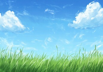 Obraz premium Beautiful blue sky with white clouds over a green grass field background. professional, high-resolution image that is beautiful, clean, simple, stunning, relaxing, calming, and peaceful. 