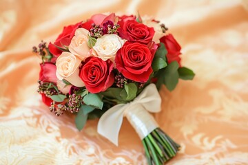 Elegant Red and Pink Rose Bouquet with Greenery and Bow