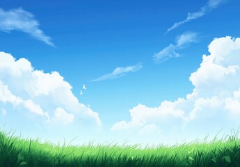 Fototapeta premium Beautiful blue sky with white clouds over a green grass field background. professional, high-resolution image that is beautiful, clean, simple, stunning, relaxing, calming, and peaceful. 