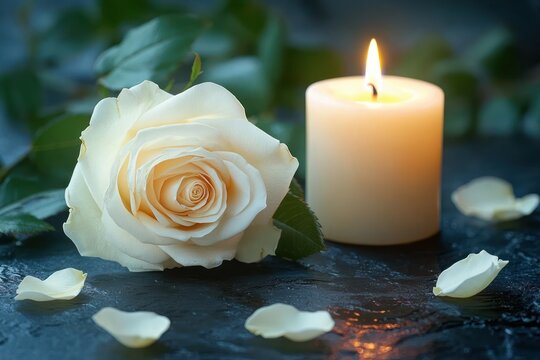 Sympathy Card with White Roses and Candle for Funeral Memorial and Grieving Loss - Powered by Adobe