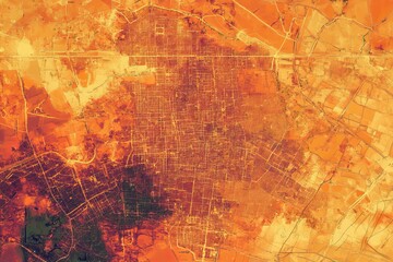 Fototapeta premium Aerial view: urban grid, surrounding farmland, orange tones.