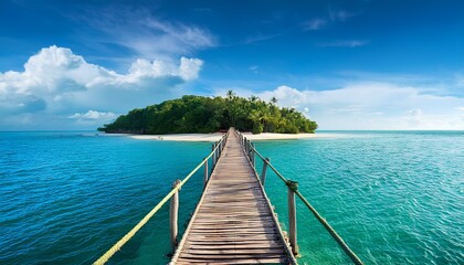 Fototapeta premium beach with wooden bridge. a wooden bridge over the sea to a small island in the middle of the ocean