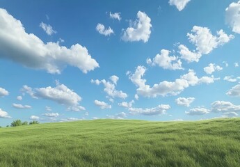Obraz premium Beautiful blue sky with white clouds over a green grass field background. professional, high-resolution image that is beautiful, clean, simple, stunning, relaxing, calming, and peaceful. 
