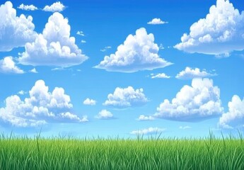 Obraz premium Beautiful blue sky with white clouds over a green grass field, a summer landscape background. The image is high resolution and has ample copy space for text.