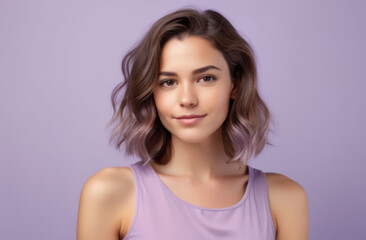 Fototapeta premium Young Women with Brown and Purple Hair in a Studio Wallpaper Background
