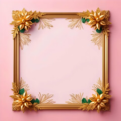 Obraz premium A gold ornate frame adorned with golden flowers and leaves on a pale pink background. The frame is empty, providing space for text or an image. Elegant and festive design.