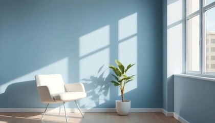 Minimalistic Blue Room with a Chair and a Plant Wallpaper Background