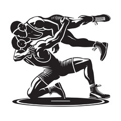 Wrestling Silhouette Vector Illustration, Solid White Background.