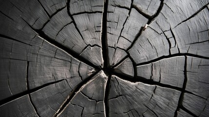 A close-up of a weathered black wooden log with deep cracks and radial patterns, showcasing natural aging and rustic texture