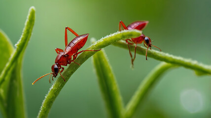 Ladybug red and black on green leaf up-close views
