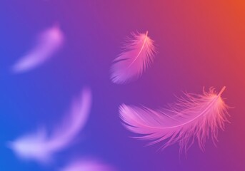 Obraz premium Bright pink feathers on a reflective surface illuminated by vibrant blue and pink lights