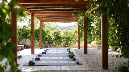 Outdoor yoga studio with mats, towels, and tranquil setting.