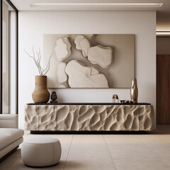 Modern Beige Living Room Interior Textured Cabinet Abstract Art  Decor