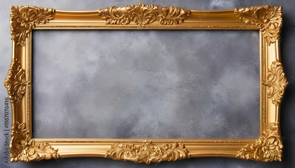 Poster a large, ornate gold picture frame with intricate baroquestyle carvings rests against a textured gra