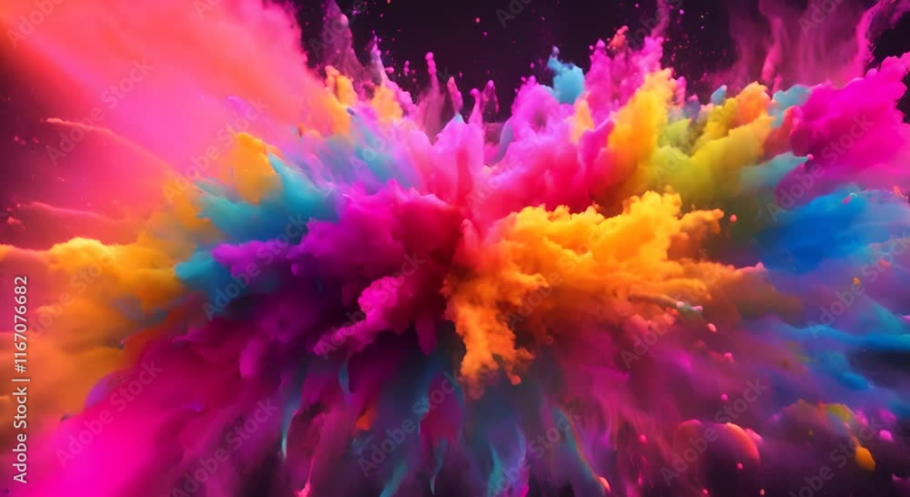 Poster explosion of bright colorful paint on black background burst of multicolored powder abstract pattern
