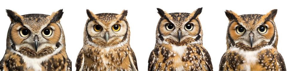 Naklejka premium Four Majestic Owls Perched and Staring with Curious Gazes in Natural Habitat