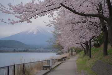Beautiful cherry blossoms in full bloom with Mount Fuji in the background, creating an idyllic scene of natural beauty at Lake Yamanaka on a spring day. --ar 128:85 --v 6.1 Job ID: 2d11f486-6ff7-47fd-