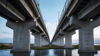 A long concrete bridge stretches across a calm river under a clear sky. The image shows the bridges pillars, architecture, and infrastructure details. The perspective is from below the bridge.