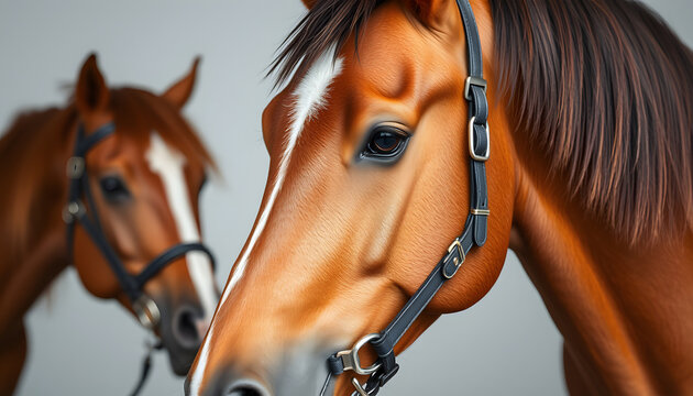 Close-up of the head of a chestnut Thoroughbred racehorse going out to the track with a lead pony with a bridle and snaffle bit, studio photography. isolated with white highlights