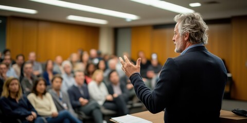 A man is giving a speech to a large audience