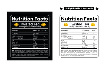 Twisted tea nutrition facts. Nutrition facts label and nutritional value of Twisted tea. Editable and resizable templates of nutrition facts, supplement facts and vitamin facts.