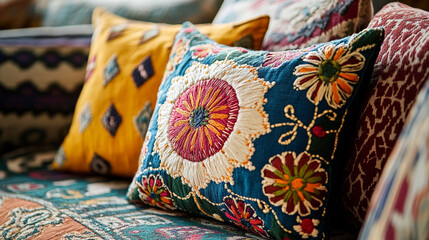 A close shot of a decorative cushion on a sofa, with intricate embroidery patterns and vibrant colors.