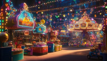 A vibrant carnival scene filled with colorful lights and attractions.
