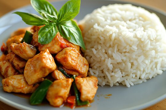 Delicious Chicken Dish Served with Steamed White Rice and Basil