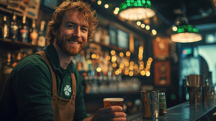 Friendly bartender serving beer in cozy Irish pub in St. Patrick's day