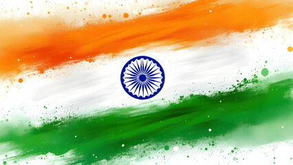 An abstract painting of the Indian flag. Saffron, white, and green horizontal stripes with the Ashoka Chakra in the center. Paint splatters surround it.