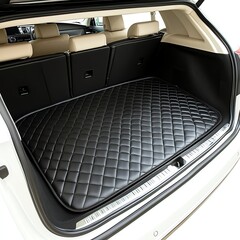 Black quilted cargo mat in a car trunk, white interior background