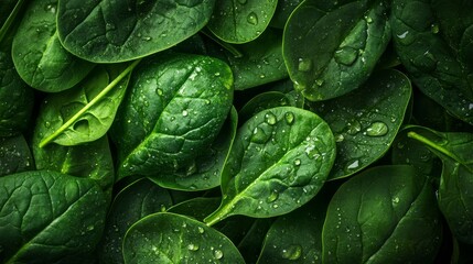 Background from fresh green spinach leaves with water drops. Texture of raw organic baby spinach close up. Food background