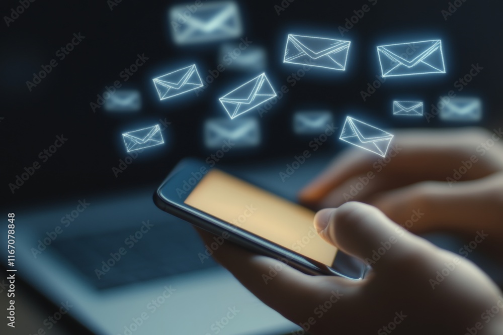 Poster close up of hands on smartphone checking emails with floating blue envelope icons in workspace