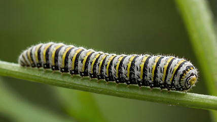 Caterpillar on green leaf, closeup of photo