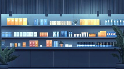 Nighttime view of a well-lit store shelf stocked with various beauty and personal care products.