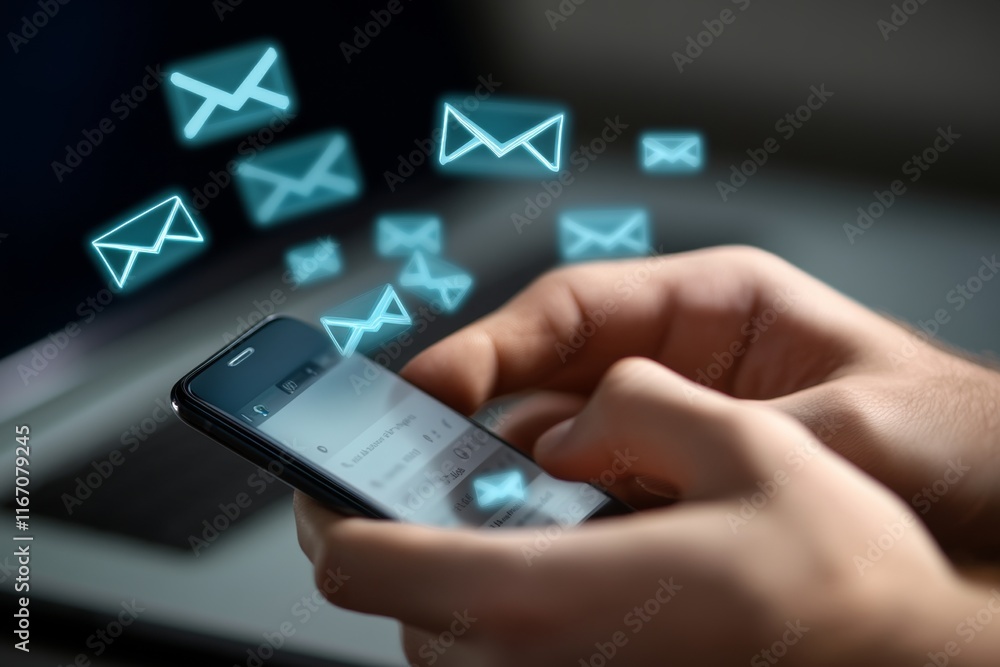 Poster close up of hands with smartphone checking email, surrounded by floating blue envelope icons