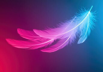 Obraz premium Bright pink feathers on a reflective surface illuminated by vibrant blue and pink lights