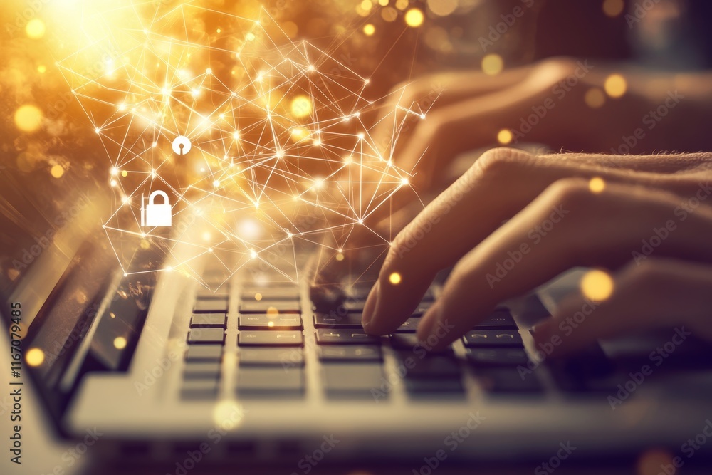 Aufkleber cybersecurity and digital data protection secure networks symbolized by hands typing on laptop