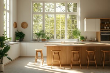 Fototapeta premium Minimalist Kitchen Interior with Large Window Bar Stools and Green Plant in Contemporary Design