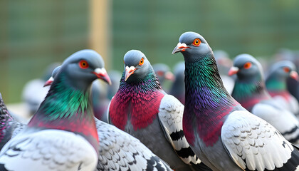 carrier pigeons before a pigeon competition. champion pigeons, colorful. isolated with white highlights