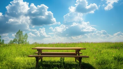 A wooden picnic table surrounded by lush green grass and vibrant flowers under a blue sky with fluffy clouds.
