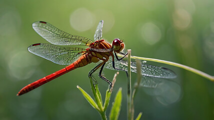 Dragonfly on stick on sunny evening