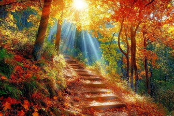 Obraz premium Beautiful forest landscape with sunlight filtering through the trees in autumn. A peaceful natural scene of green pine and oak woods in fall colors. High-resolution photography. 