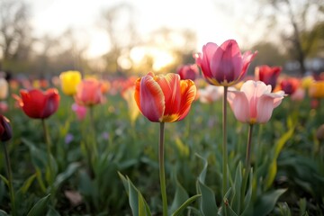 A field of flowers with a mix of pink and yellow tulips