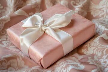 Beautifully Wrapped Pink Gift Box with White Satin Ribbon