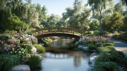 Fototapeta premium Serene garden with wooden bridge over tranquil waterway