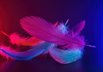 Obraz premium Bright pink feathers on a reflective surface illuminated by vibrant blue and pink lights
