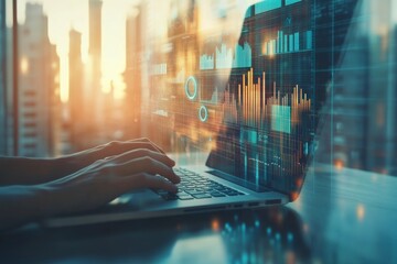 Person engaged in laptop work amidst holographic financial analytics in a bright modern office