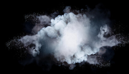 Motion white explosion white smoke, texture art black background, copy space. Dramatic fog effect