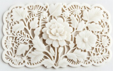 Intricate Carved Floral Panel White Stone Relief Asian Design Craftsmanship
